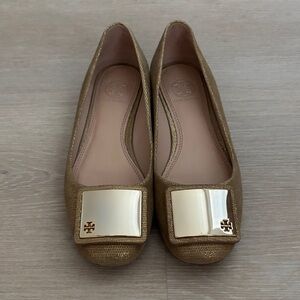 Tory Burch Metallic Gold-Tan Logo Buckle Ballet Flats